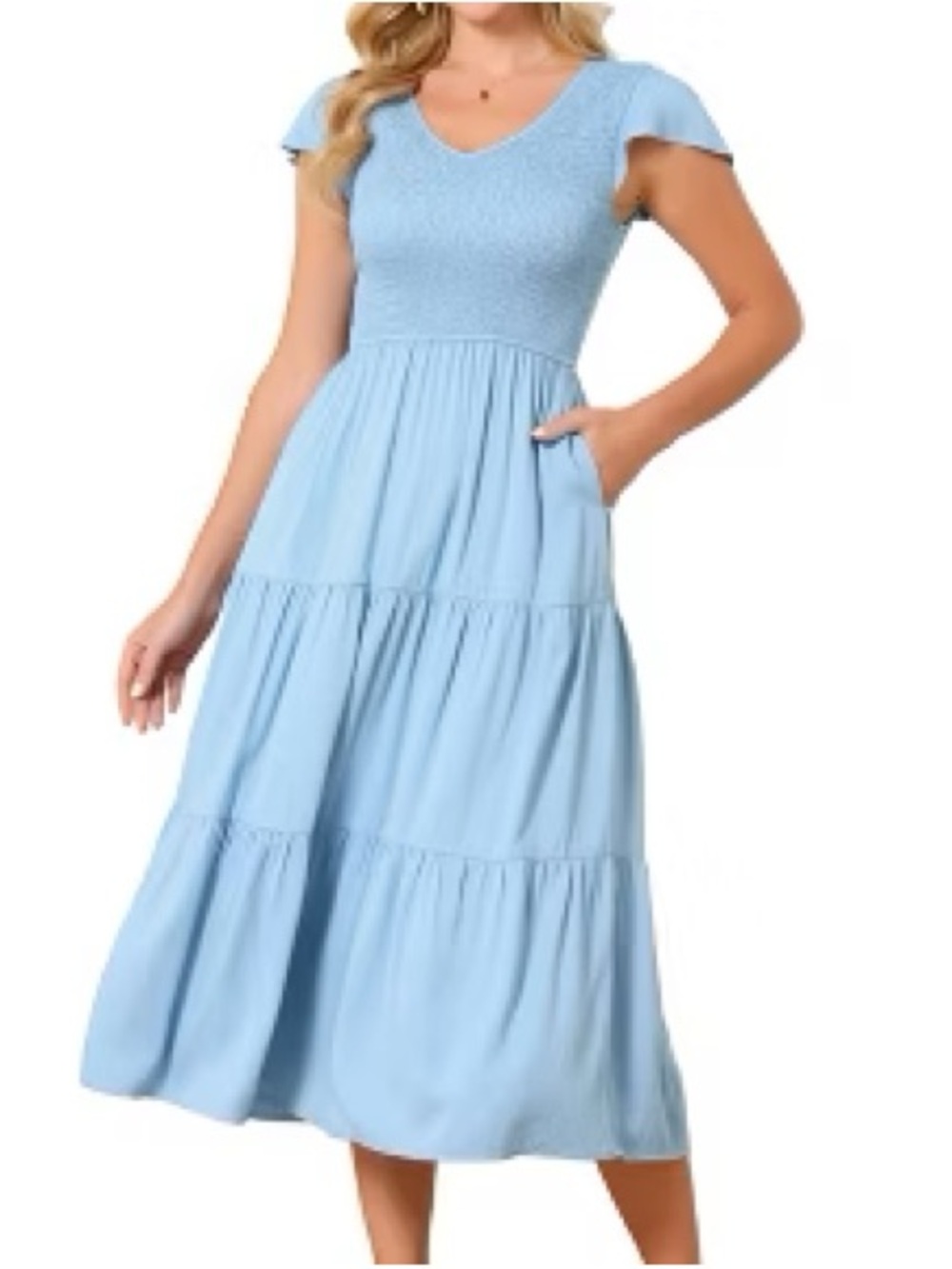 Women's Ruffled Sleeve Smocked Midi Dress Round Neck Short Sleeve Tiered A-Line